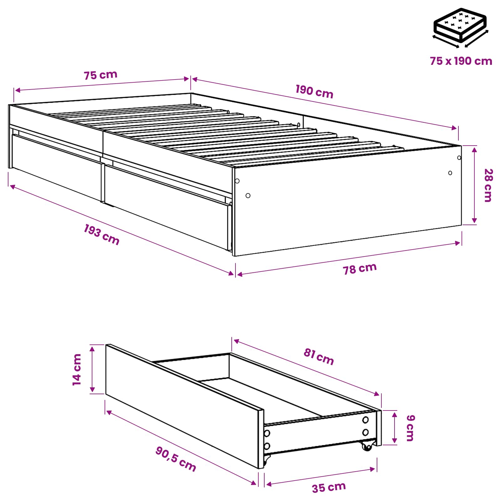 Bed Frame without Mattress size guide