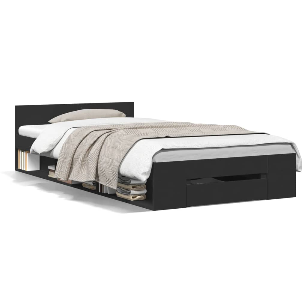 vidaXL Cadru de pat cu sertar, negru, 90x190 cm, lemn prelucrat