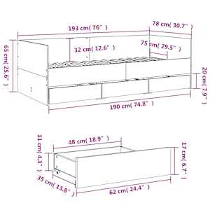 Válenda se zásuvkami bez matrace betonově šedá 75 x 190 cm - obrázek 10