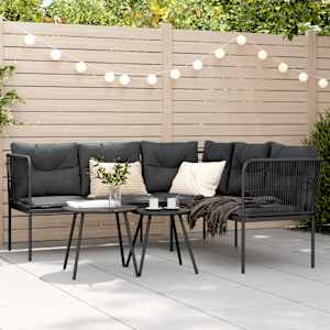 Vrtni kavč z blazinami oblika črke L črno jeklo in tekstilen