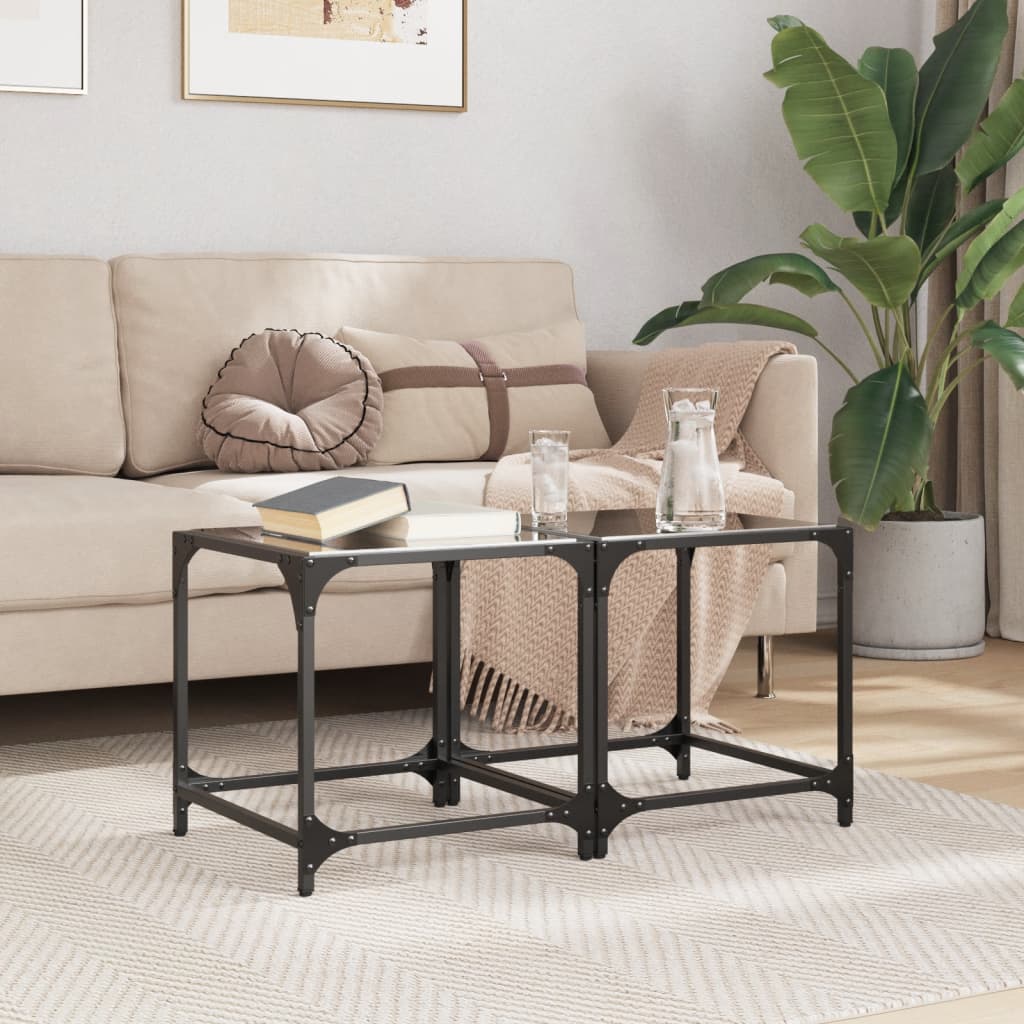 vidaXL 2 db acél dohányzóasztal fekete üveglappal 40 x 40 x 40 cm