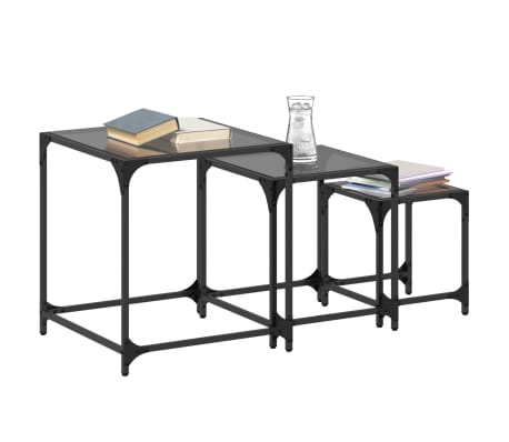 vidaXL Măsuțe de cafea suprapuse, 3 buc., blat sticlă neagră, oțel