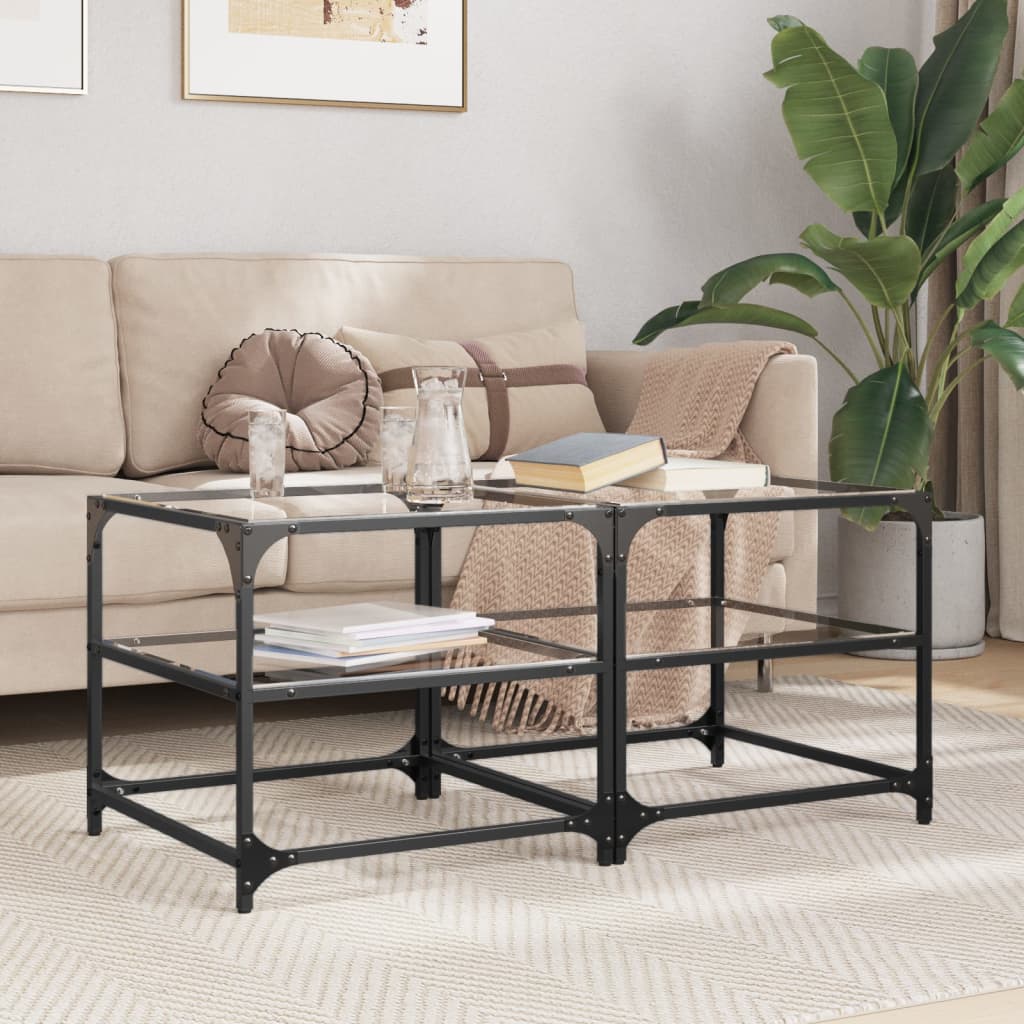 vidaXL sofaborde med transparent glastop 2 stk 50x50x45 cm stål
