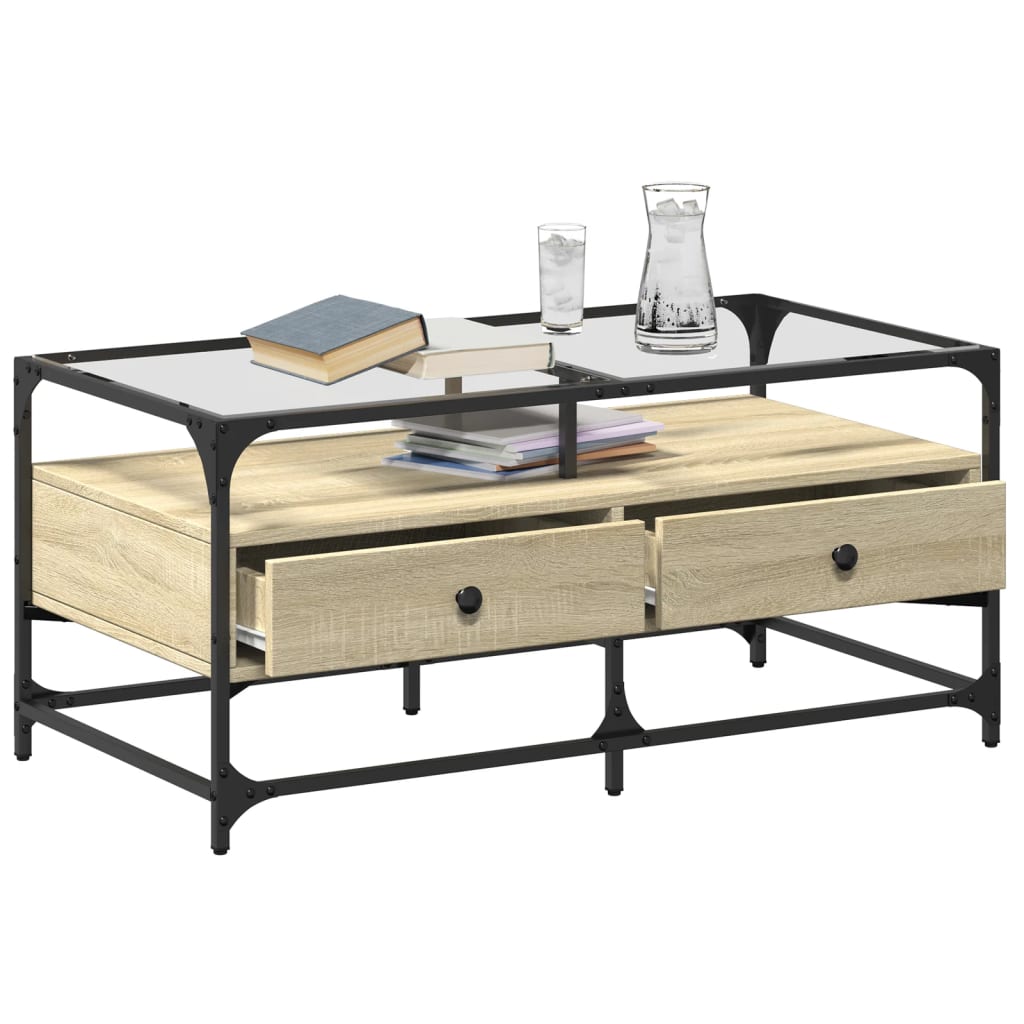 vidaXL Salontafel met glazen blad 98,5x50x45 cm sonoma eiken staal afbeelding