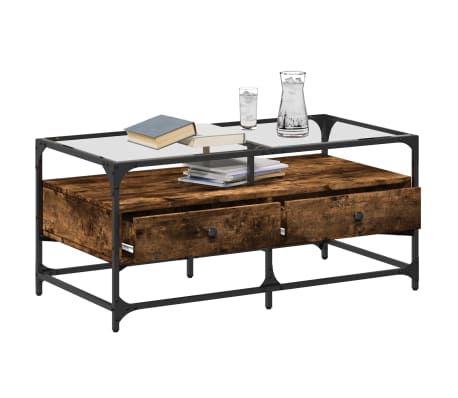 vidaXL Table basse avec dessus en verre ch&ecirc;ne fum&eacute; 98,5x50x45 cm acier