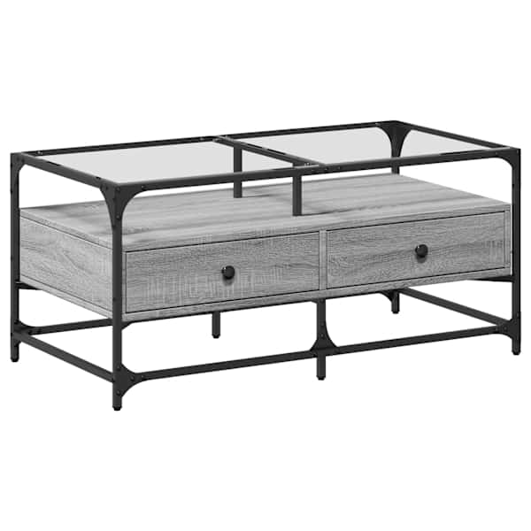 vidaXL kohvilaud klaasplaadiga, hall Sonoma tamm, 98,5x50x45 cm, teras