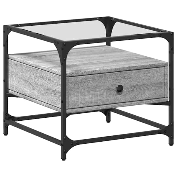vidaXL kohvilaud klaasplaadiga, hall Sonoma tamm, 50x50x45 cm, teras