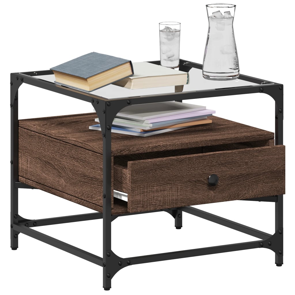 vidaXL Salontafel met glazen blad 50x50x45 cm bruineiken staal afbeelding