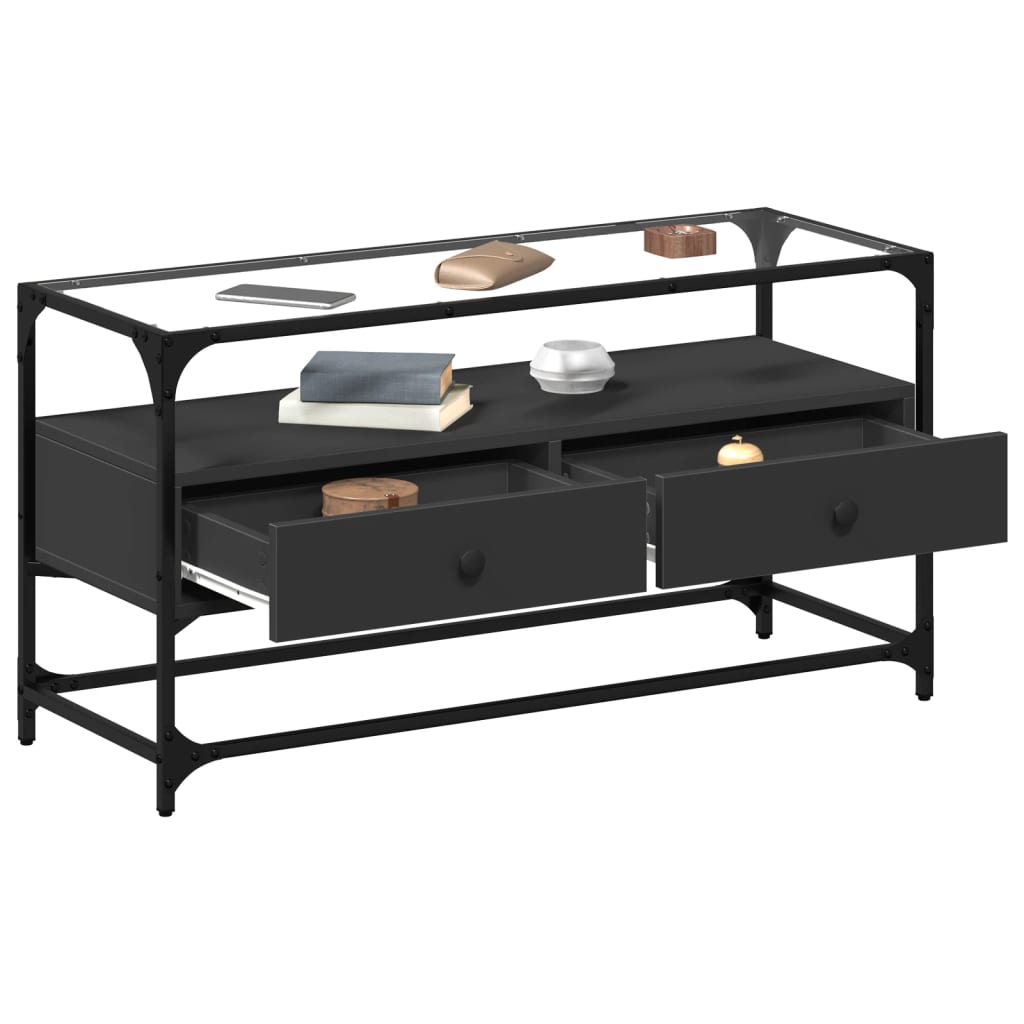 vidaXL fekete szerelt fa TV-szekrény üveglappal 98 x 35 x 51 cm