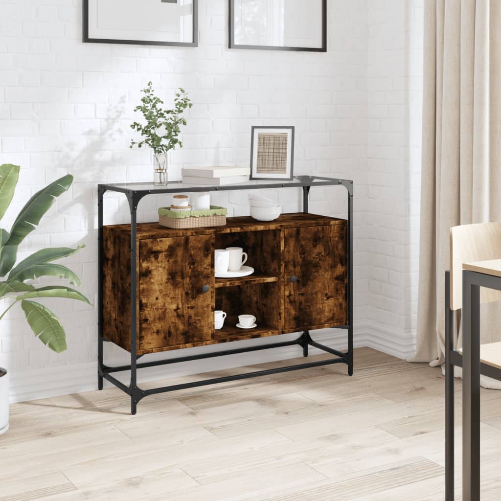 vidaXL Sideboard mit Glasplatte Räuchereiche 98x35x81 cm Holzwerkstoff