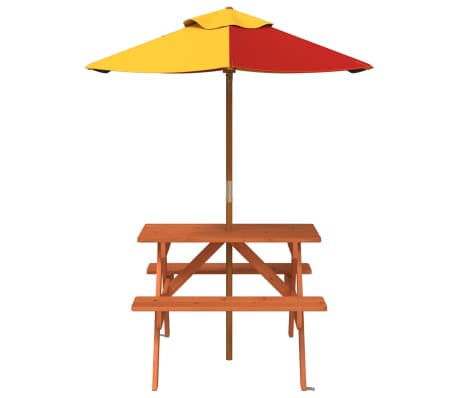 vidaXL Masă de picnic pentru 4 copii, cu umbrelă, lemn masiv brad