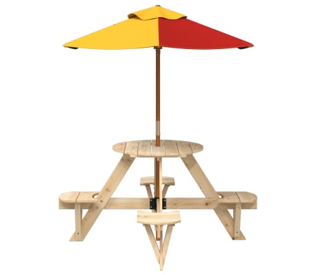 vidaXL Picnic Table for 4 Kids with Umbrella Round Solid Wood Fir