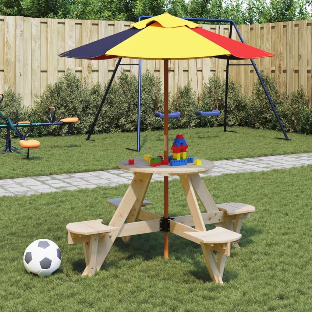 vidaXL Masă picnic pentru 4 copii cu umbrelă, rotundă, lemn masiv brad