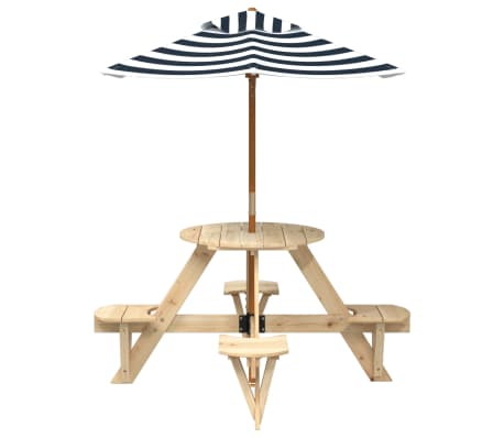 vidaXL Masă picnic pentru 4 copii cu umbrelă, rotundă, lemn masiv brad