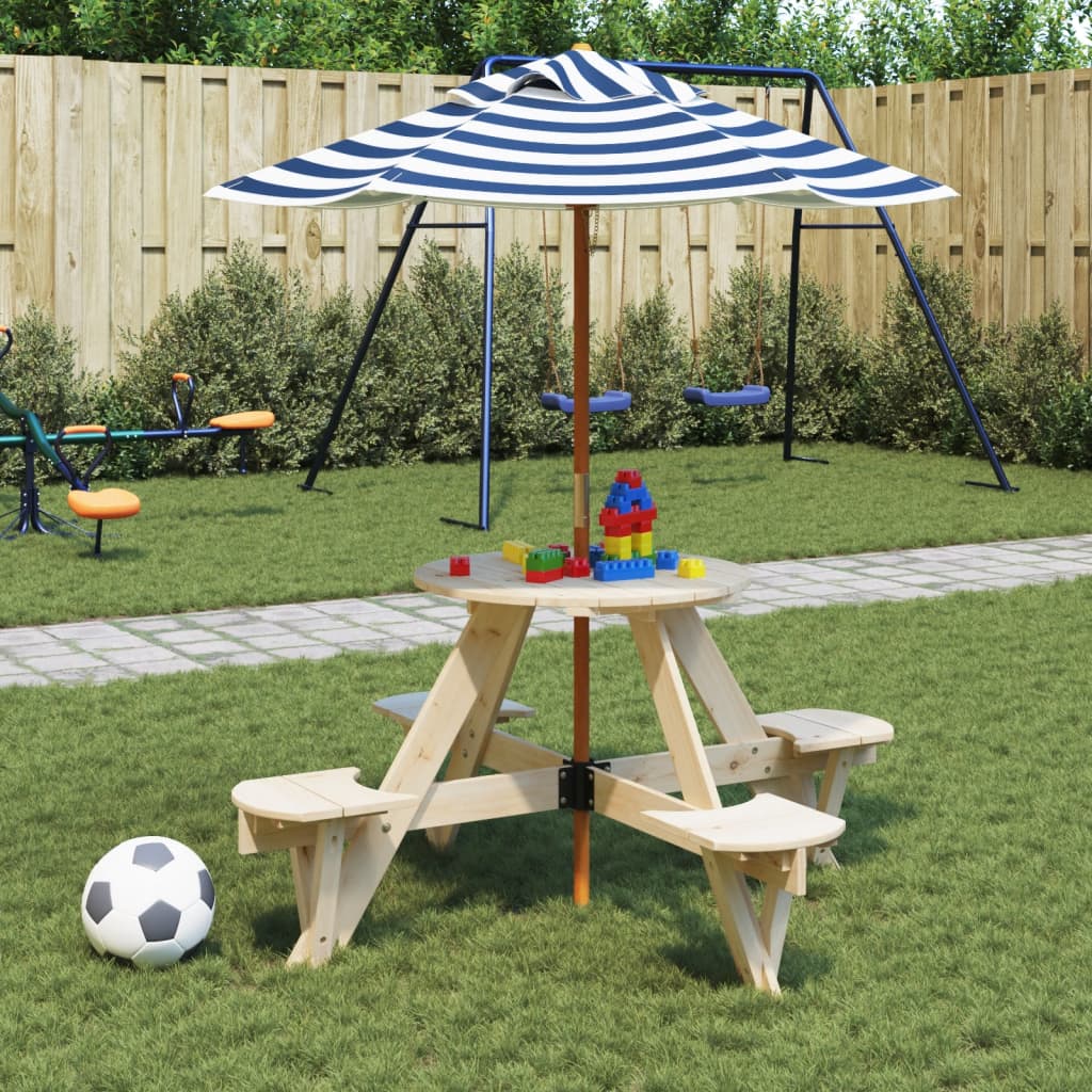 vidaXL Masă picnic pentru 4 copii cu umbrelă, rotundă, lemn masiv brad