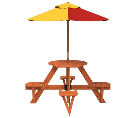vidaXL Masă picnic pentru 4 copii cu umbrelă, rotundă, lemn masiv brad