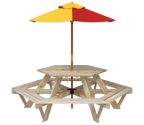 vidaXL Picknicktafel voor 4 kinderen met parasol zeshoekig vurenhout