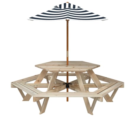 vidaXL Picnic Table for 6 Kids with Umbrella Hexagon Solid Wood Fir