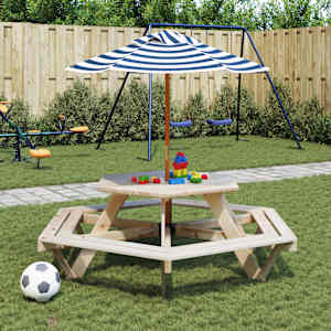 Piknik miza za 6 otrok s senčnikom šestkotna trden les jelke