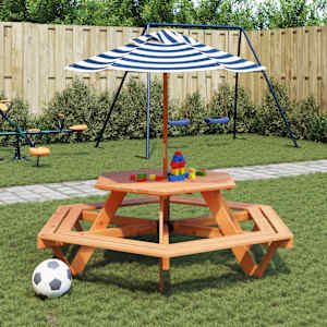 Piknik miza za 6 otrok s senčnikom šestkotna trden les jelke