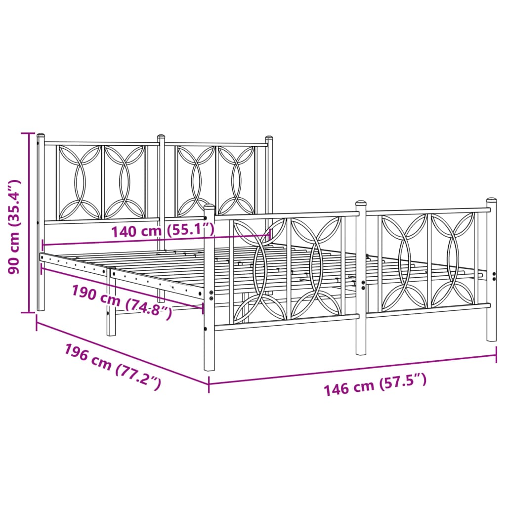 Metalowa rama łóżka z wezgłowiem i zanóżkiem, czarna, 140x190cm