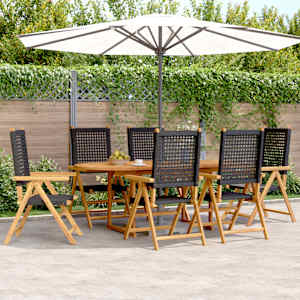 Vrtna jedilna garnitura 7-delna črn poli ratan in trden les