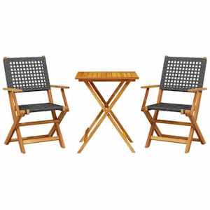 3dílný bistro set černý polyratan a masivní dřevo - obrázek 2
