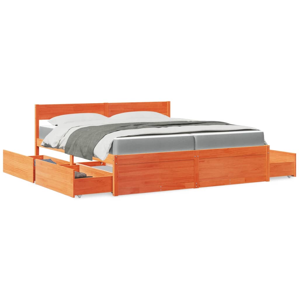 Bett mit Schubladen und Matratze Wachsbraun 200×200 Massivholz