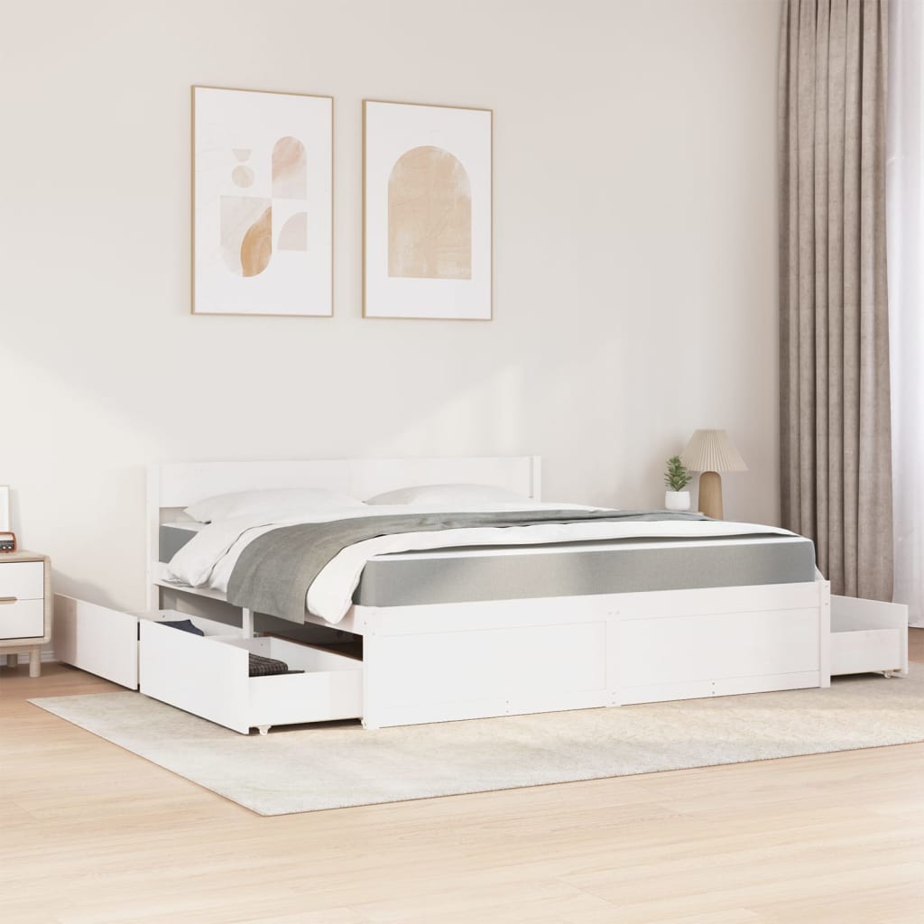 vidaXL Bed met lades en matras massief grenenhout wit 180x200 cm afbeelding