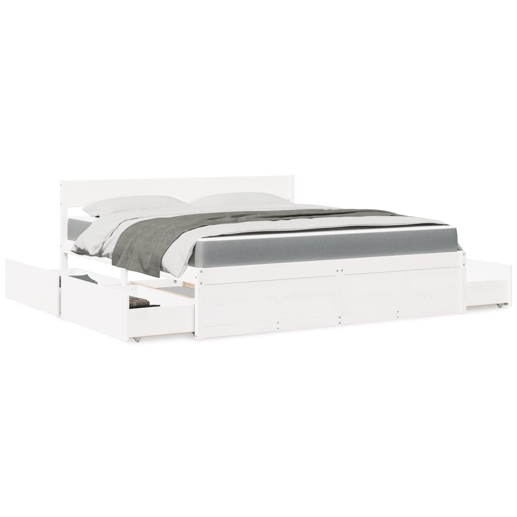 Bett mit Schubladen und Matratze Weiß 180×200 cm Massivholz