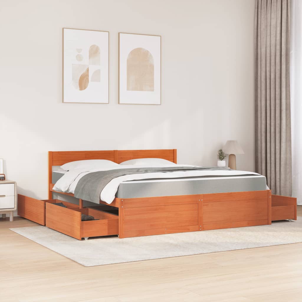 vidaXL Bed met lades en matras massief grenenhout wasbruin 180x200 cm afbeelding
