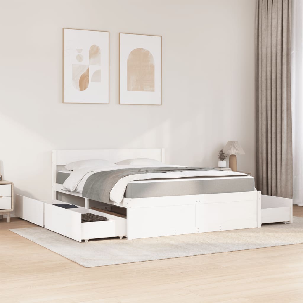 vidaXL Bed met lades en matras massief grenenhout wit 160x200 cm afbeelding