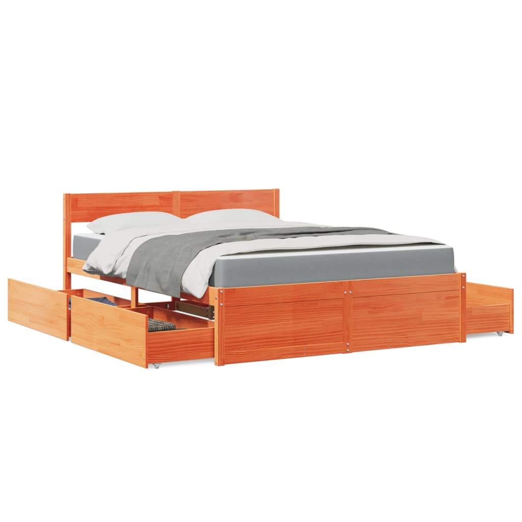 Bett mit Schubladen und Matratze Wachsbraun 160×200 Massivholz