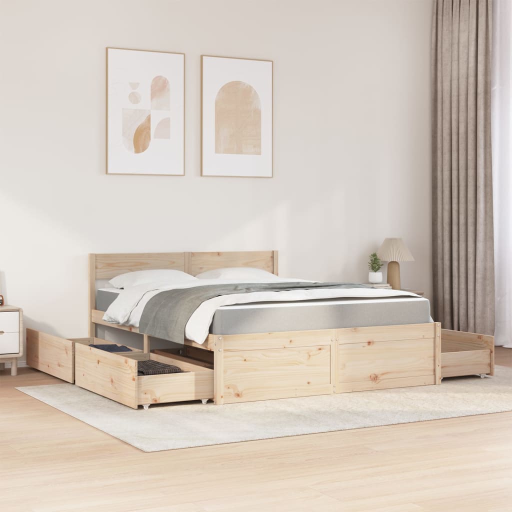 vidaXL Bed met lades en matras massief grenenhout 140x200 cm bruin, foto 2
