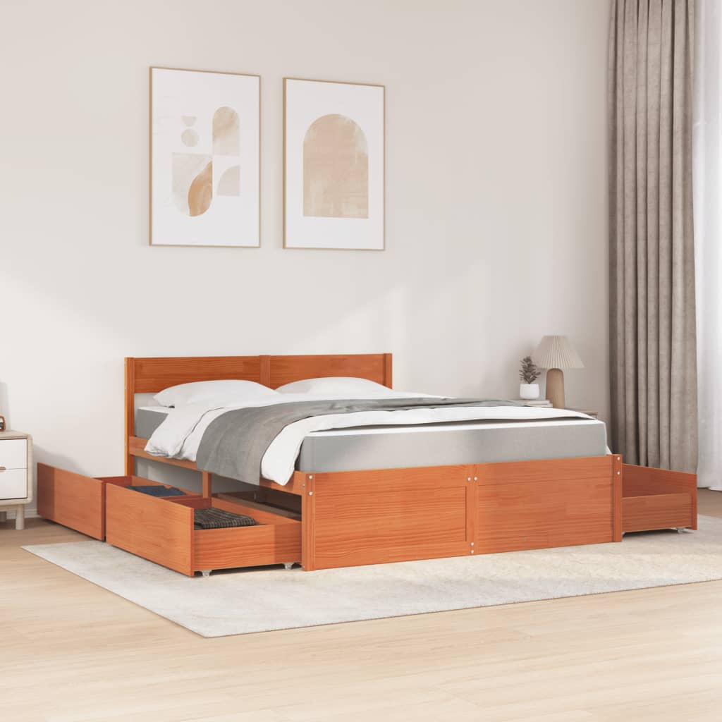 vidaXL Bed met lades en matras massief grenenhout wasbruin 140x200 cm afbeelding