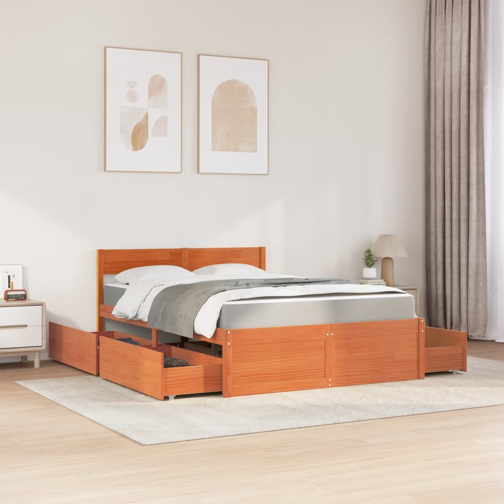 vidaXL Bed met lades en matras massief grenenhout wasbruin 120x200 cm afbeelding