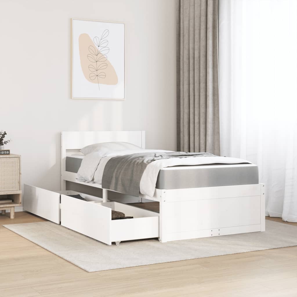 vidaXL Bed met lades en matras massief grenenhout wit 100x200 cm afbeelding
