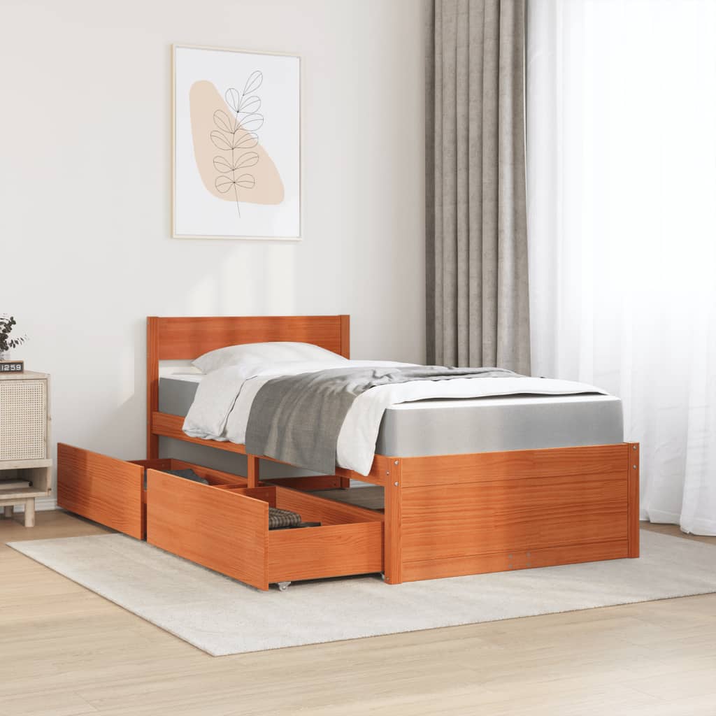 vidaXL Bed met lades en matras massief grenenhout wasbruin 100x200 cm afbeelding