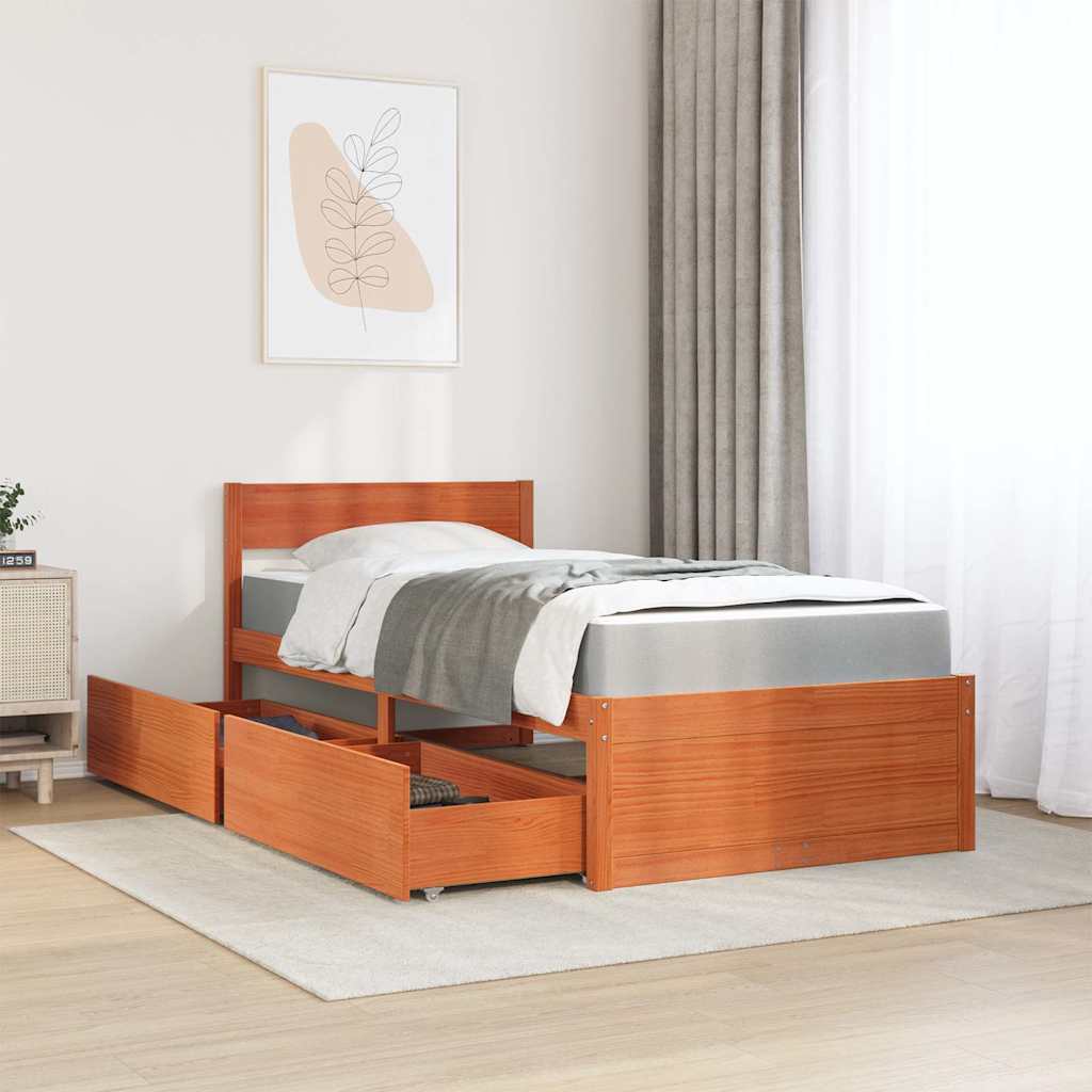vidaXL Bed met lades en matras massief grenenhout wasbruin 90x200 cm bruin, foto 2