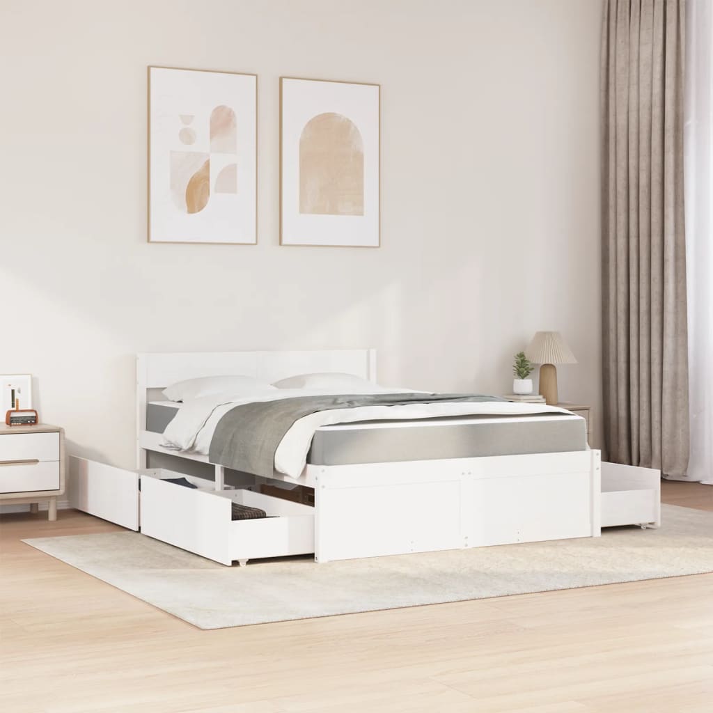 vidaXL Bed met lades en matras massief grenenhout wit 140x190 cm afbeelding