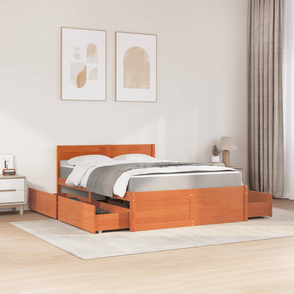 vidaXL Bed met lades en matras massief grenenhout wasbruin 140x190 cm afbeelding
