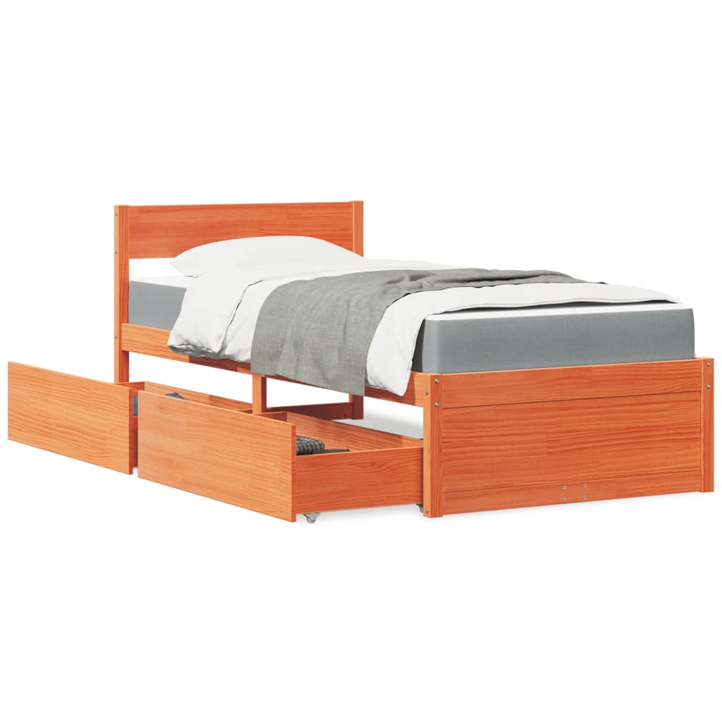 Bett mit Schubladen und Matratze Wachsbraun 90×190 Massivholz