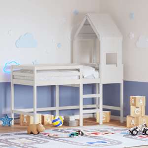 Posteljni okvir z lestvijo in streho bel 90x190 cm borovina