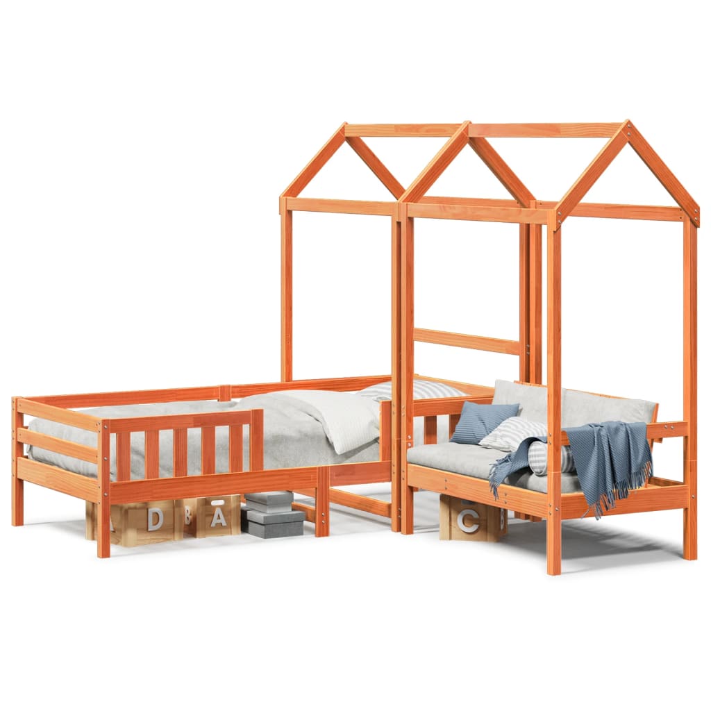 Thumbnail - vidaXL Massivholzbett und Bank mit Dach Orange 90x200 cm Kiefernholz