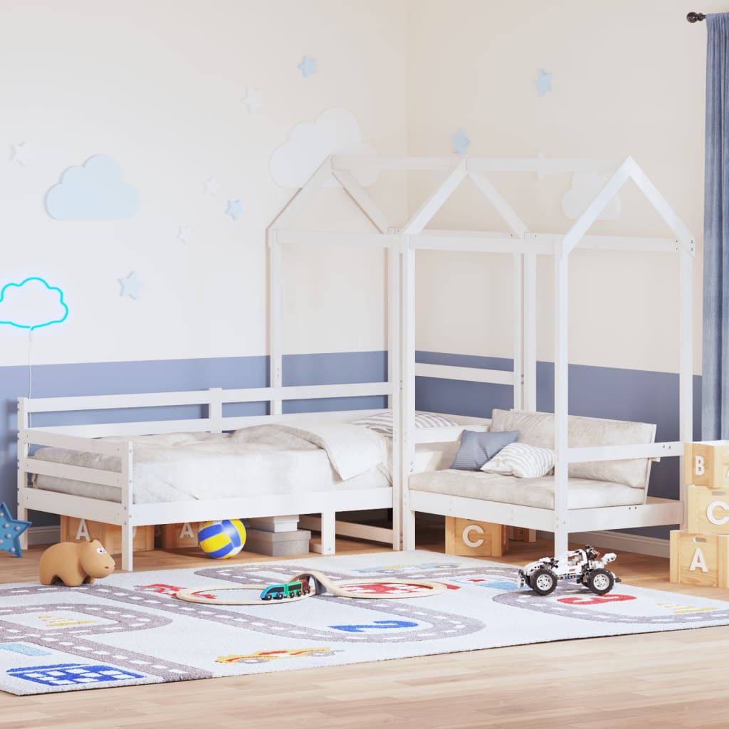 Kinderbed met bank en huisje massief grenenhout wit 90×190 cm