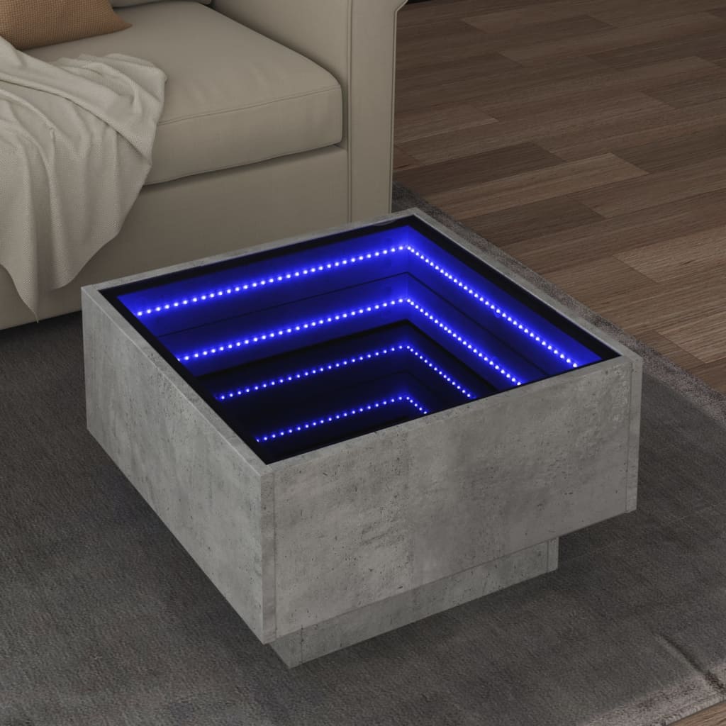 vidaXL Măsuță de cafea cu LED, gri beton, 50x50x30 cm, lemn prelucrat