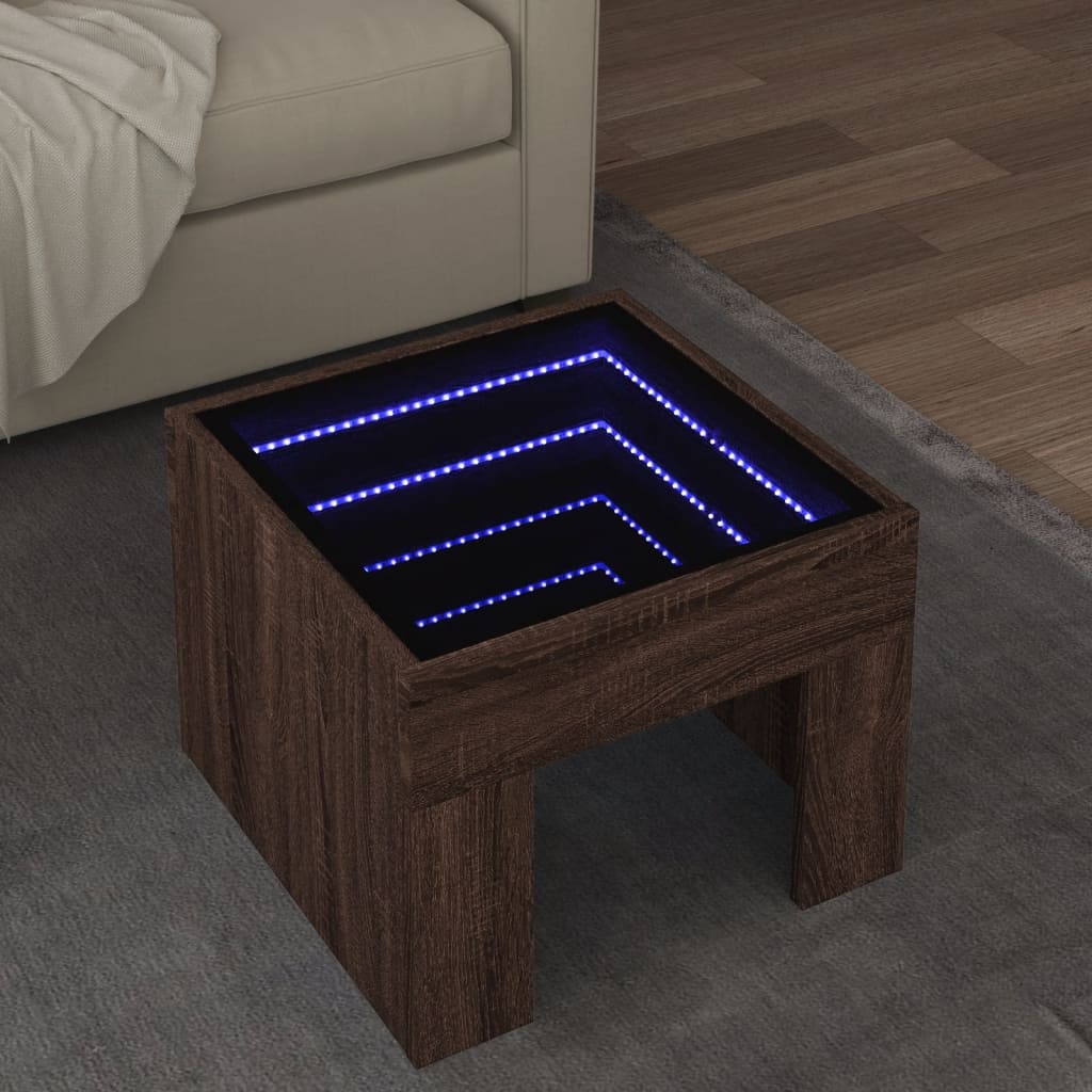 vidaXL Măsuță de cafea cu LED infinity, stejar maro, 40x40x30 cm