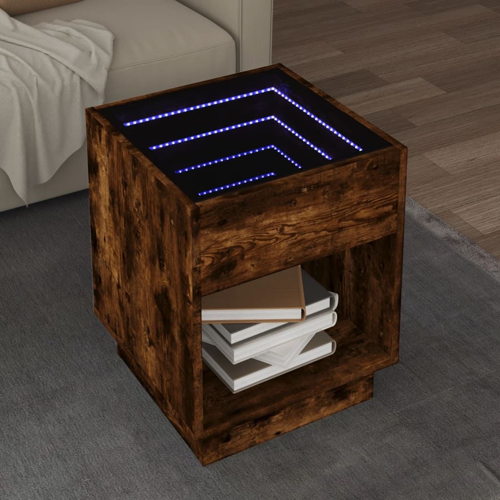 vidaXL Măsuță de cafea cu LED infinity, stejar fumuriu, 40x40x50 cm