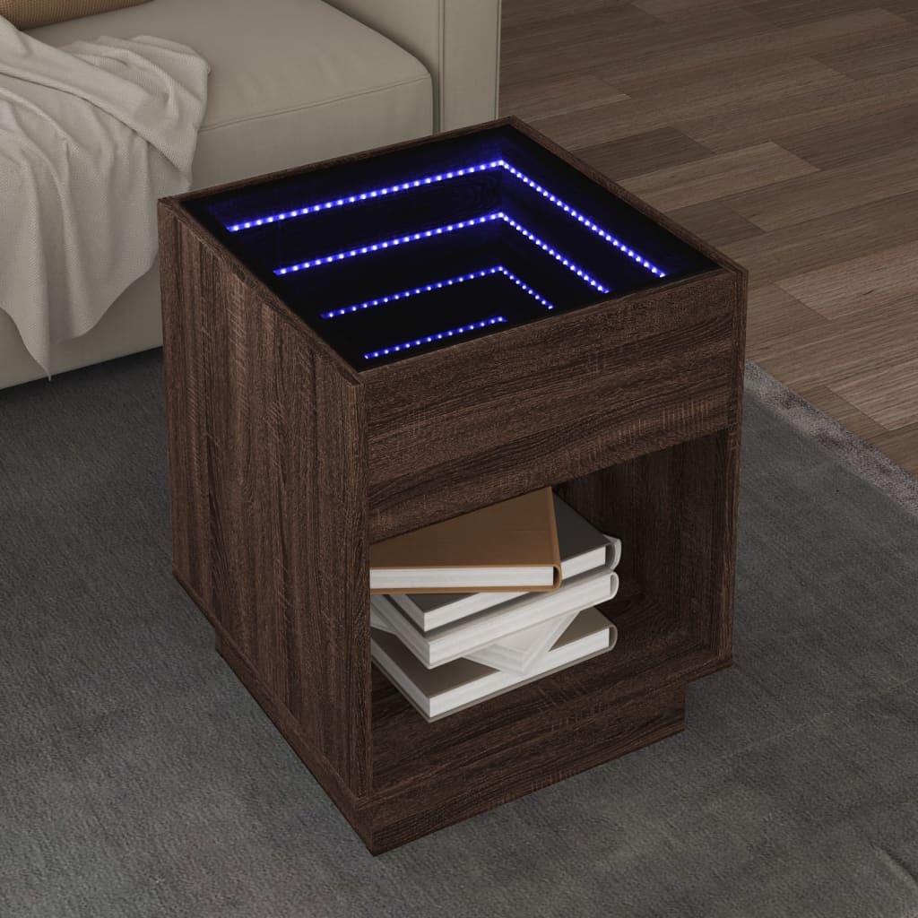 Couchtisch mit Infinity-LED Braun Eichen-Optik 40x40x50 cm