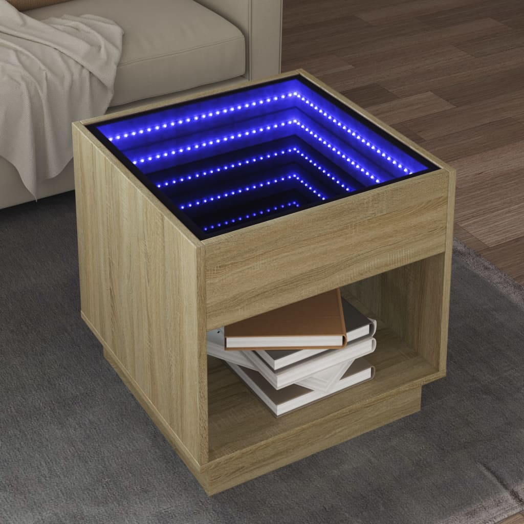 vidaXL Măsuță de cafea cu LED infinity, stejar sonoma, 50x50x50 cm